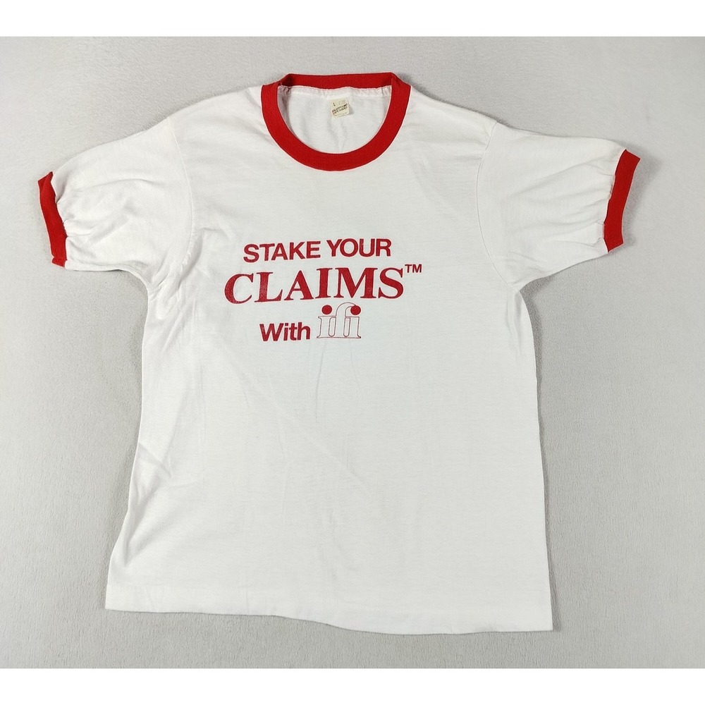 Vintage 80s Screen Stars Shirt Mens Large White Stake Your Claims Ringer Tee USA
